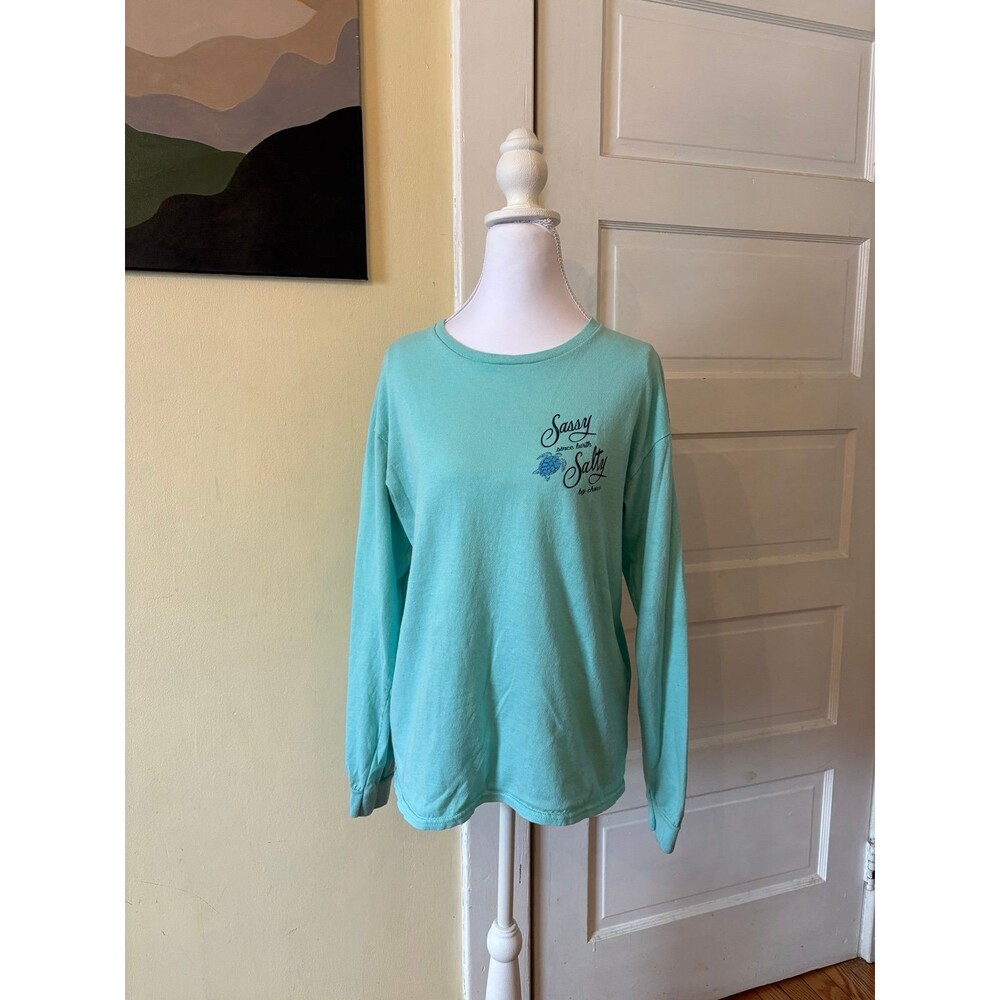 Womens cotton long sleeve Tshirt light blue beach turtle surfer summer travel